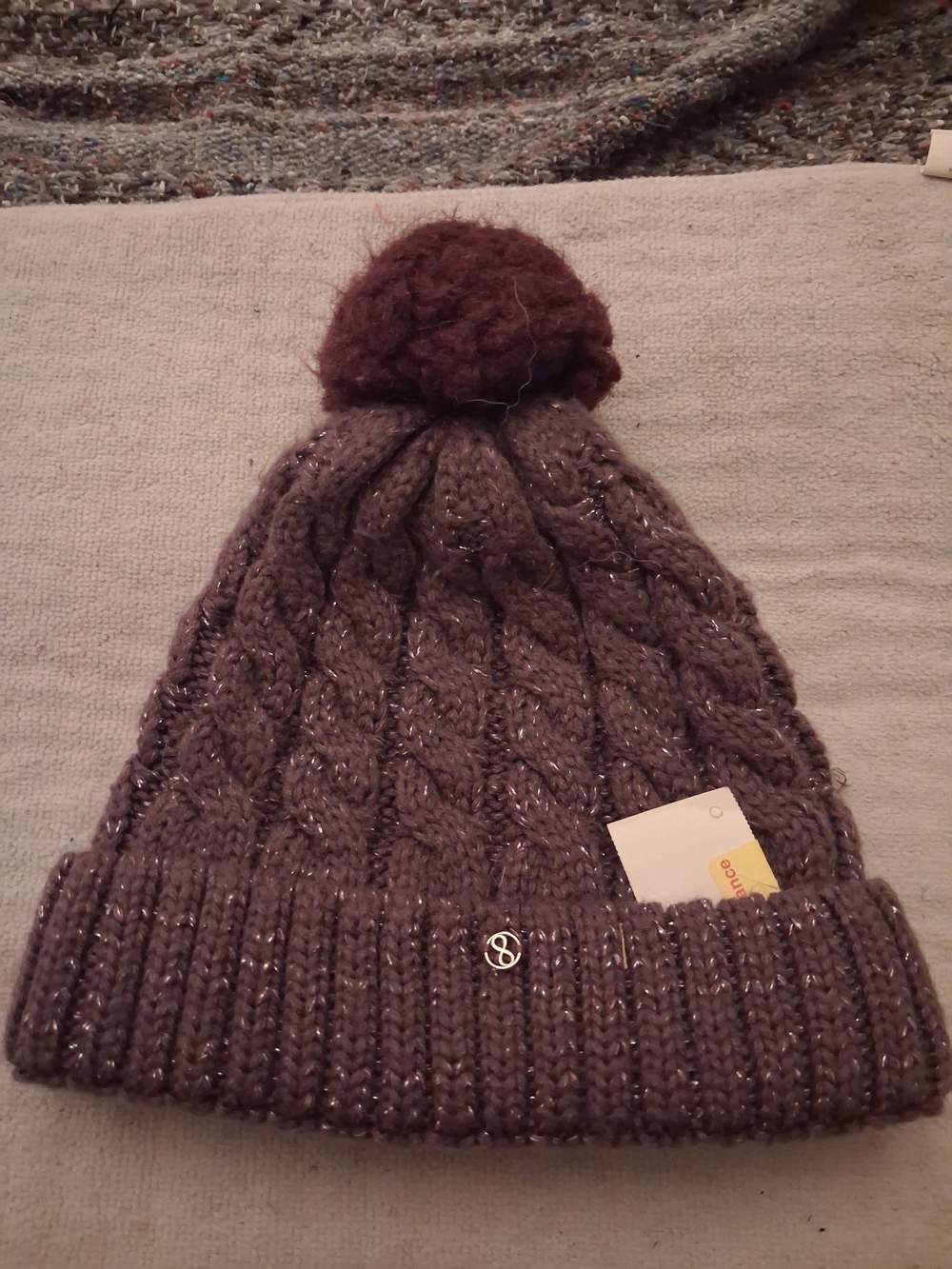 Cozy Knit Pom Beanie - Taupe with Metallic Thread
